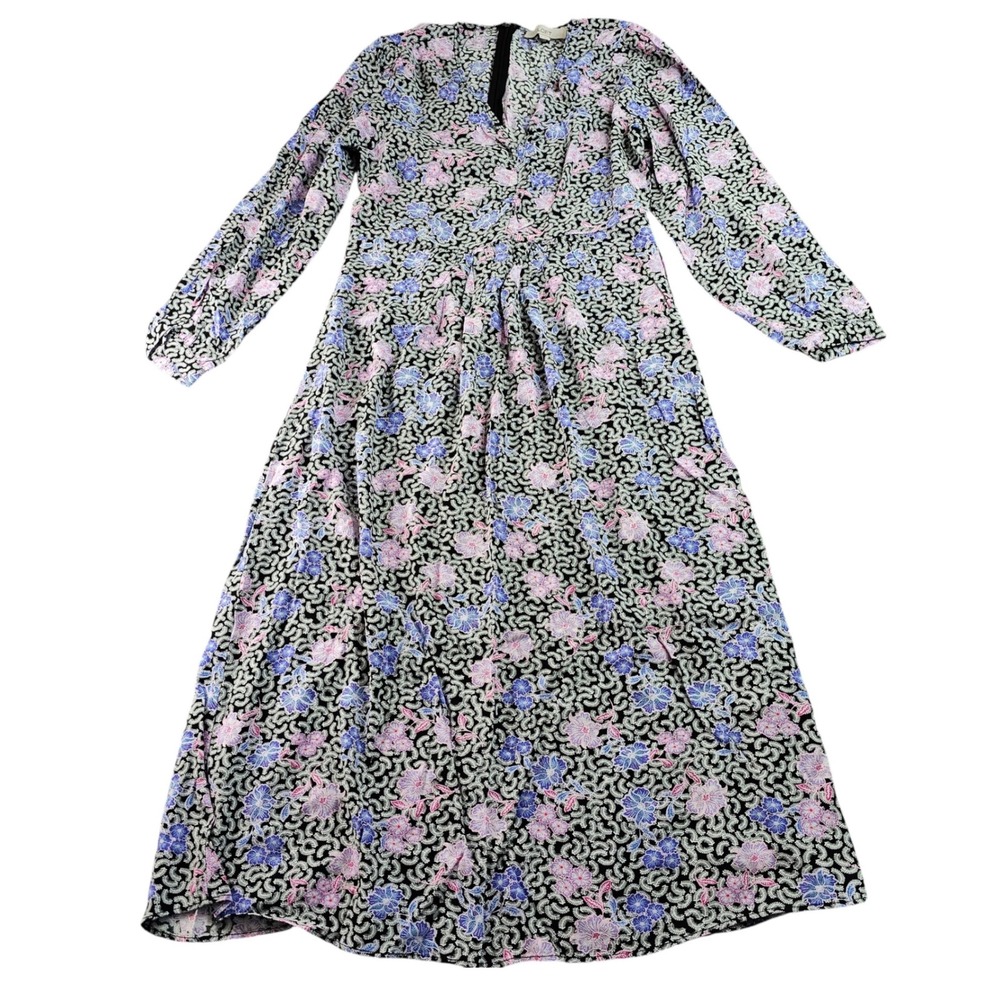 LOFT Maxi Dress Women's 8 Multi Floral Leaf Print Pleated Long Sleeve Back Zip
